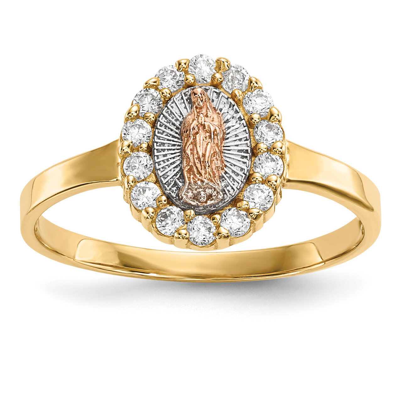 White Rhodium CZ Diamond Lady of Guadalupe Ring 14k Two-Tone Gold R579