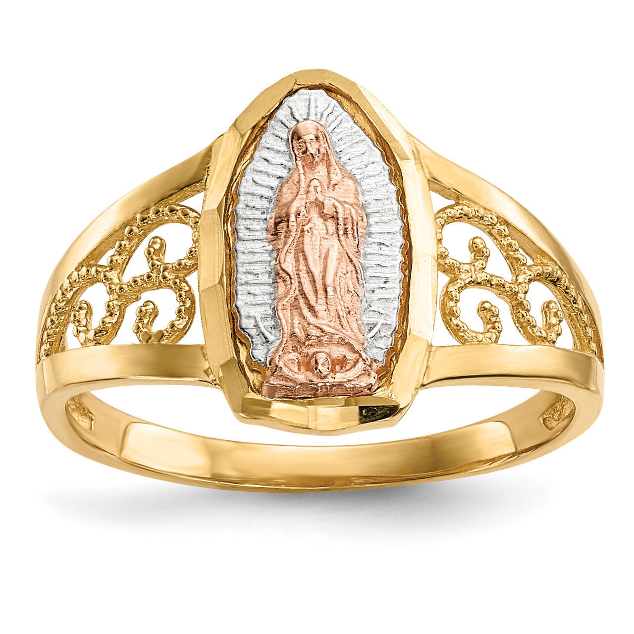 White Rhodium Lady of Guadalupe Ring 14k Two-Tone Gold R586