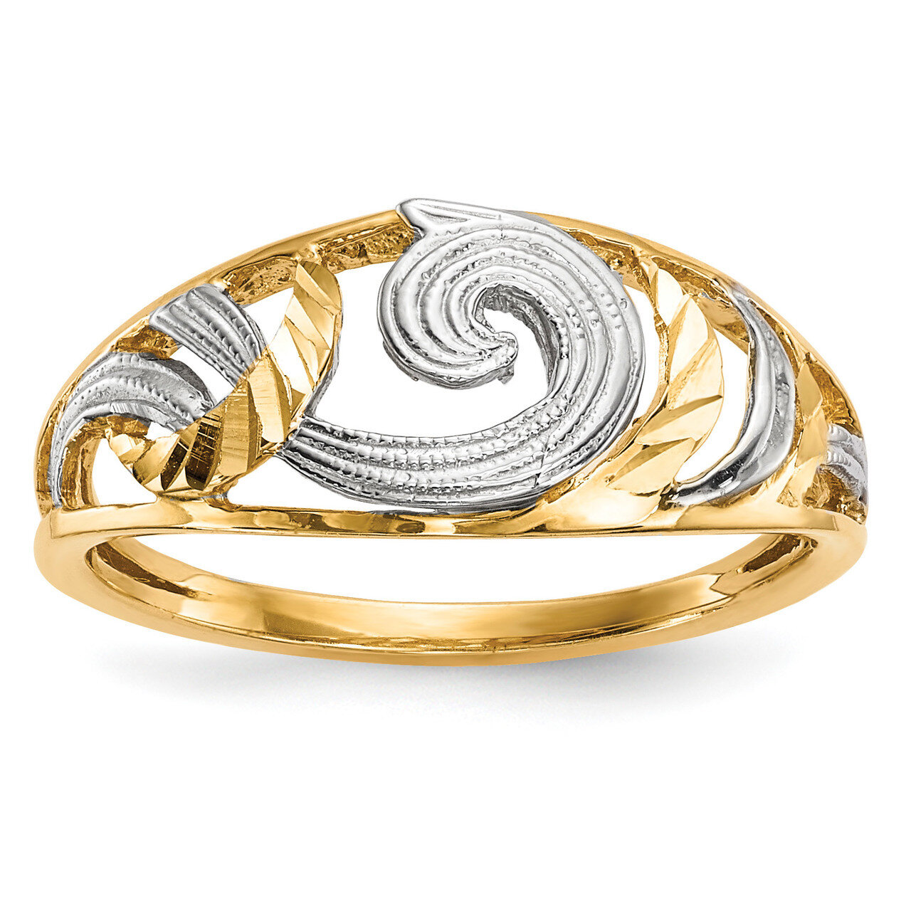 Polished &amp; Diamond -cut Swirls Ring 14k White Gold &amp; Rhodium R600