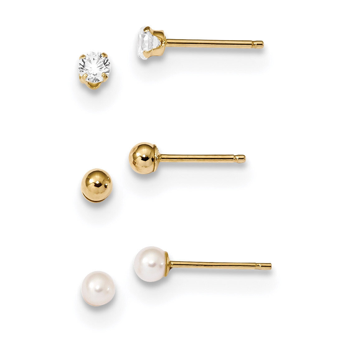 Madi K 3 Pair Set-Ball, CZ Diamond &amp; Freshwater Cultured Pearl Earrings 14k Gold SE2573, MPN: SE257…
