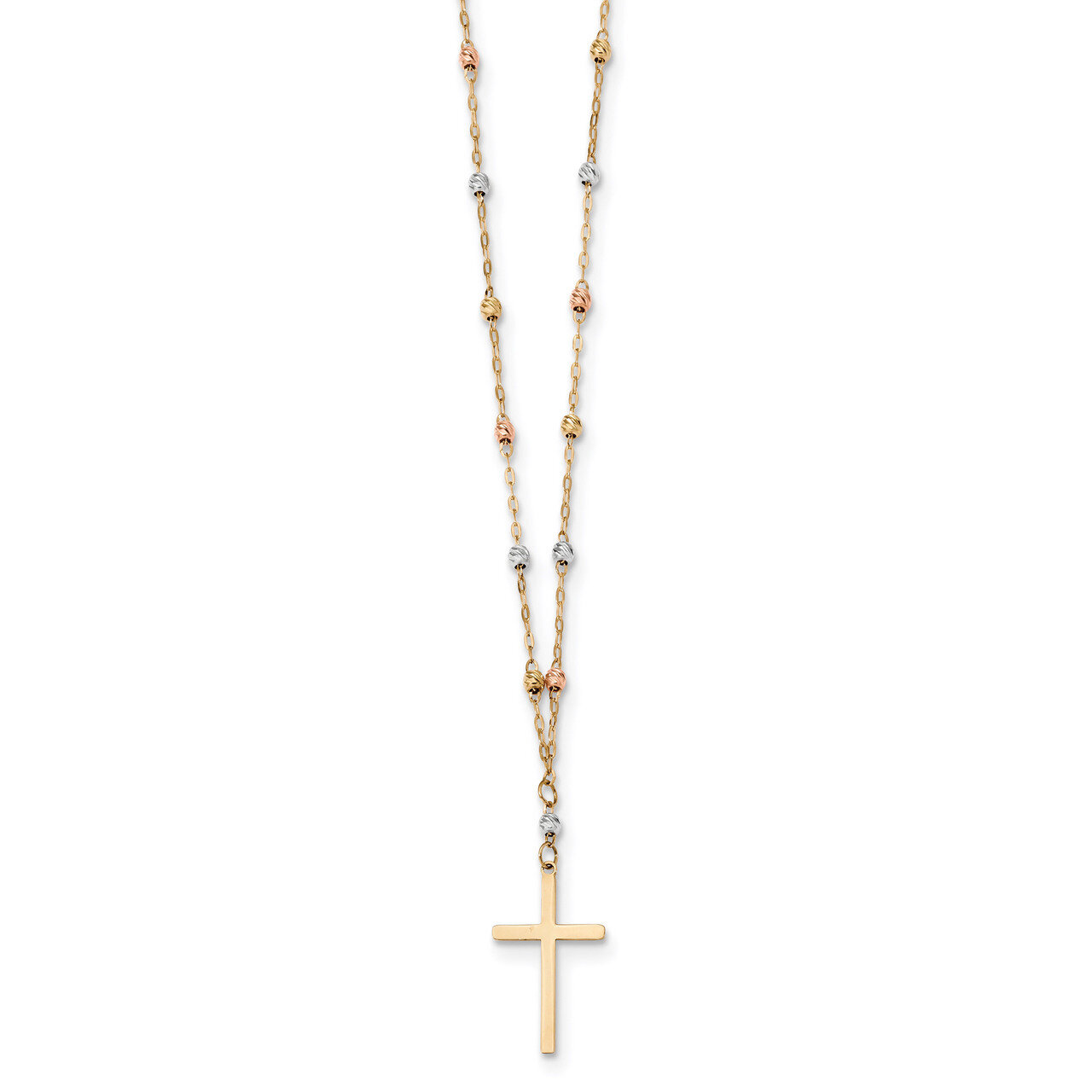 17 Inch Diamond -cut Beaded Polished Cross Necklace 14k Tri-Color Gold SF2501-17