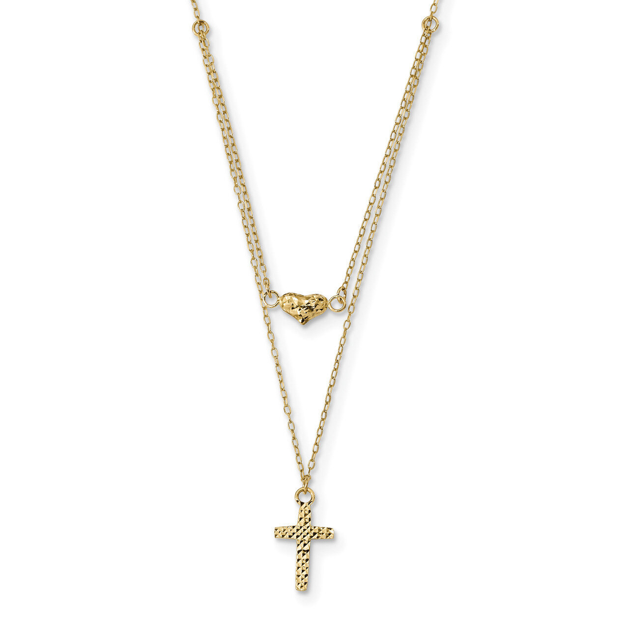 18 Inch 2-Strand Diamond -cut Cross & Heart with 2 inch Extender Necklace 14k Gold Polished SF2524-16