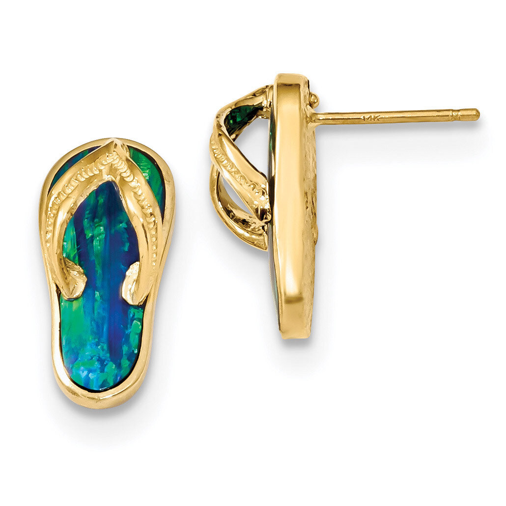 Created Blue Opal Flip Flop Post Earrings 14k Gold Polished TC984, MPN: TC984, 191101056772