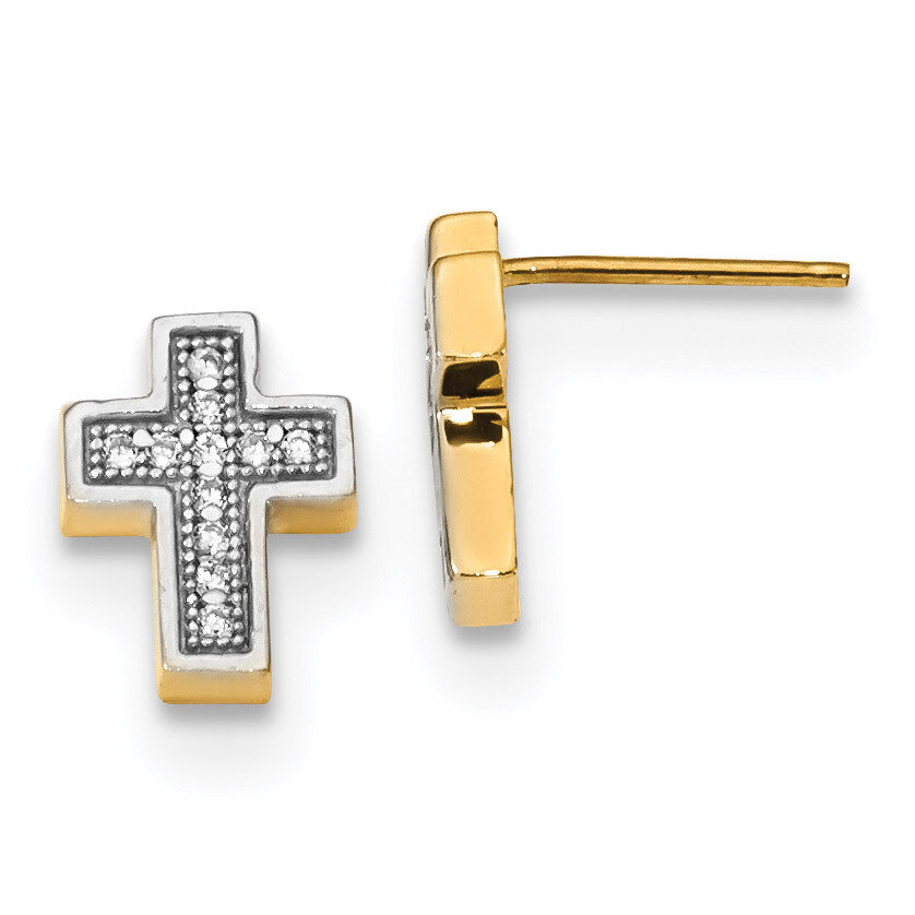 Micro Pave CZ Diamond Cross Post Earrings 14k Gold &amp; Rhodium TE663, MPN: TE663, 191101057182