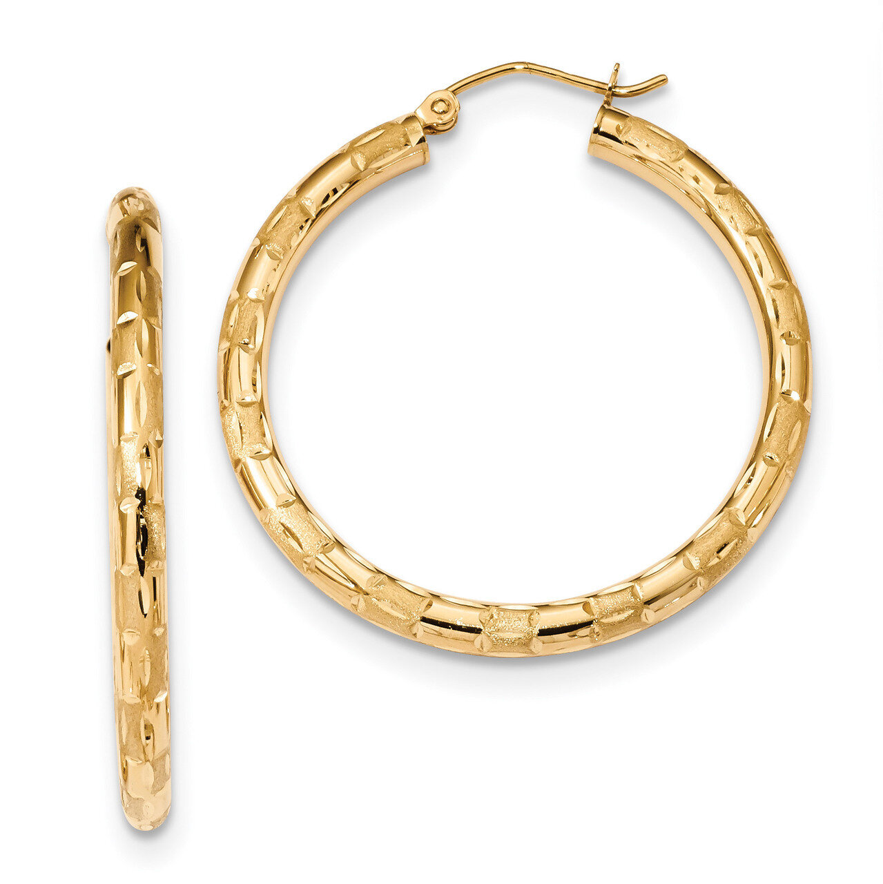14k Polished Satin & Diamond -cut Hoop Earrings 14k Gold Polished TF1013