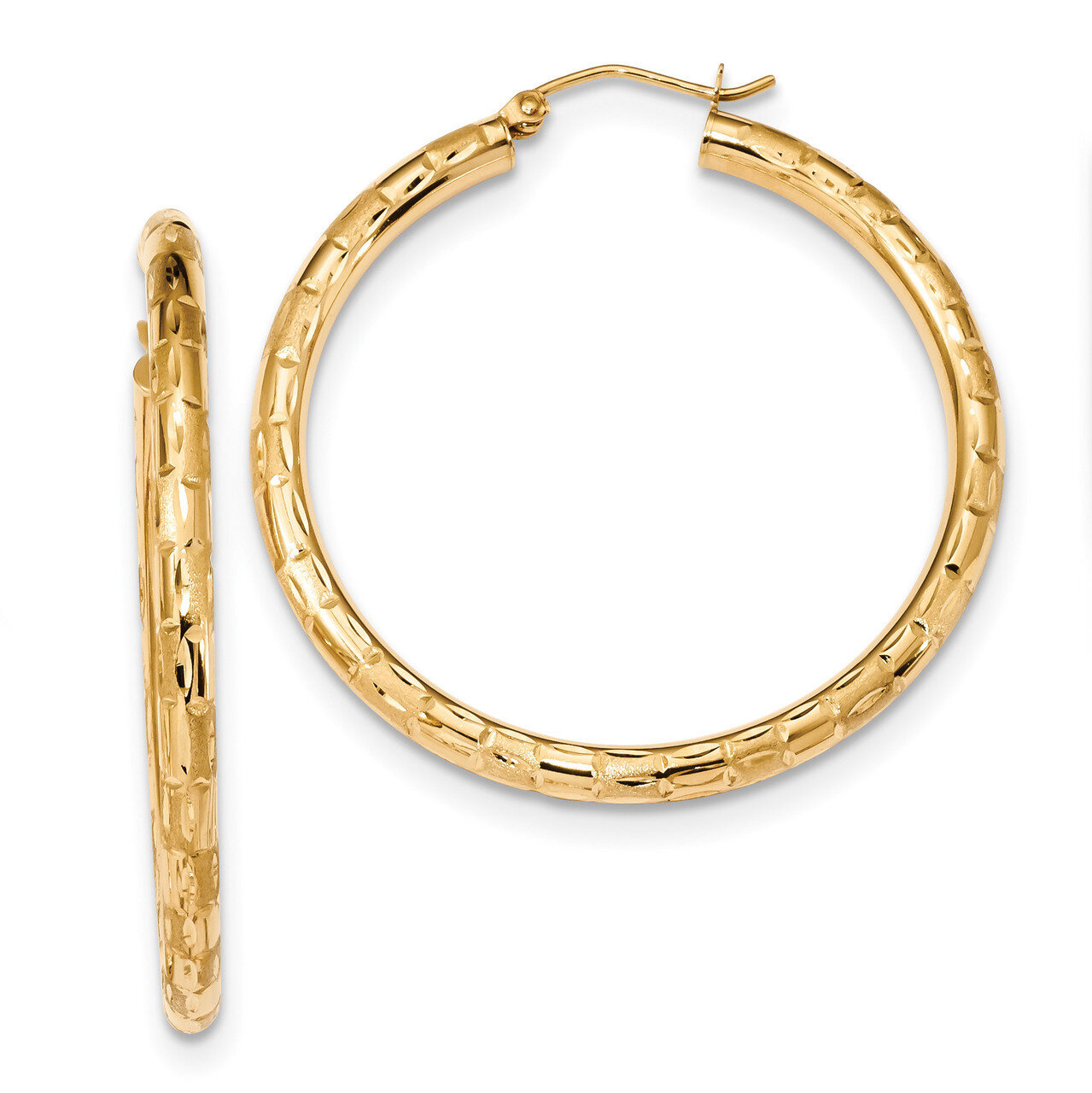 14k Polished Satin & Diamond -cut Hoop Earrings 14k Gold Polished TF1014