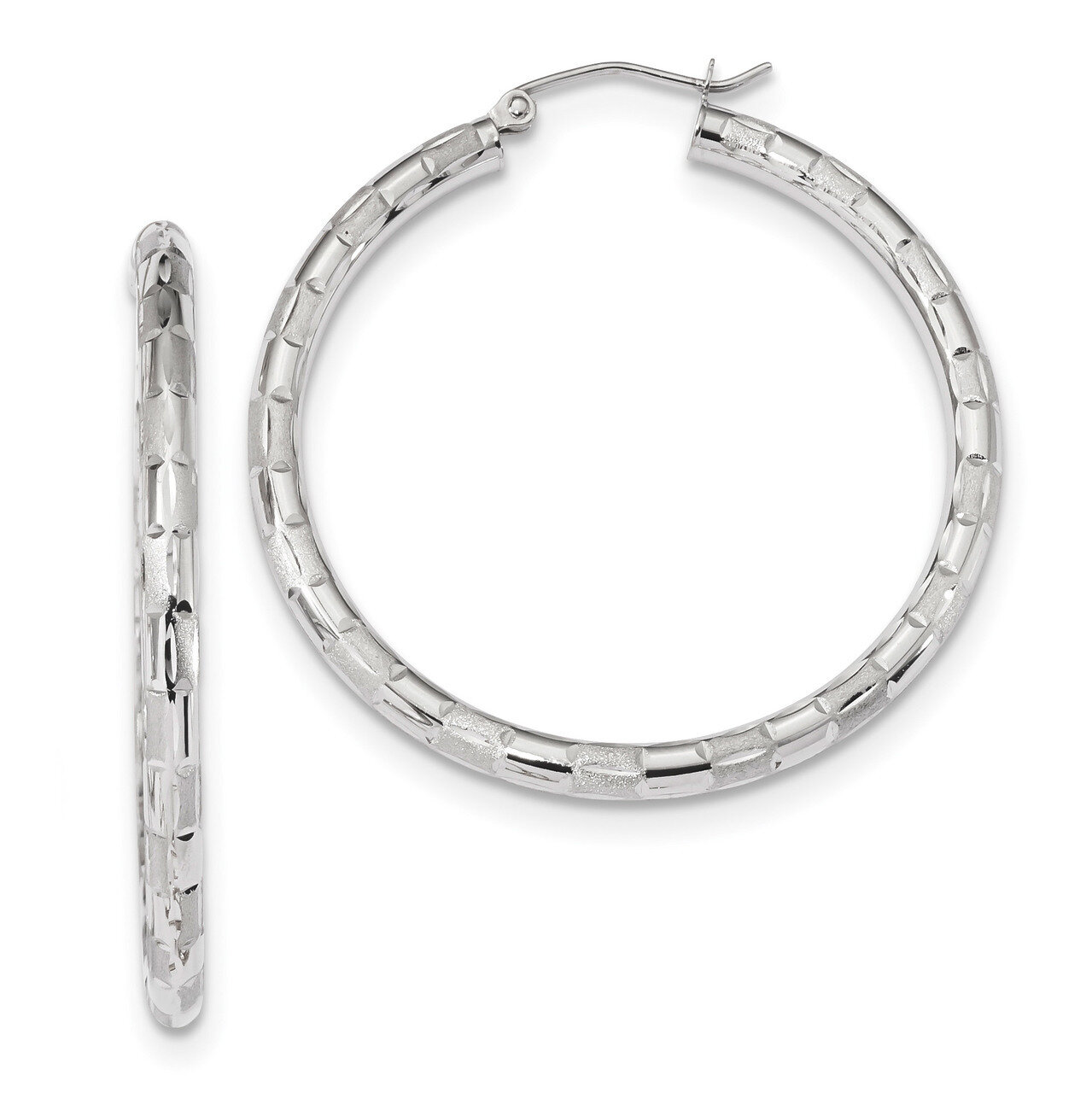 Polished Satin & Diamond -cut Hoop Earrings 14k white Gold TF1014W