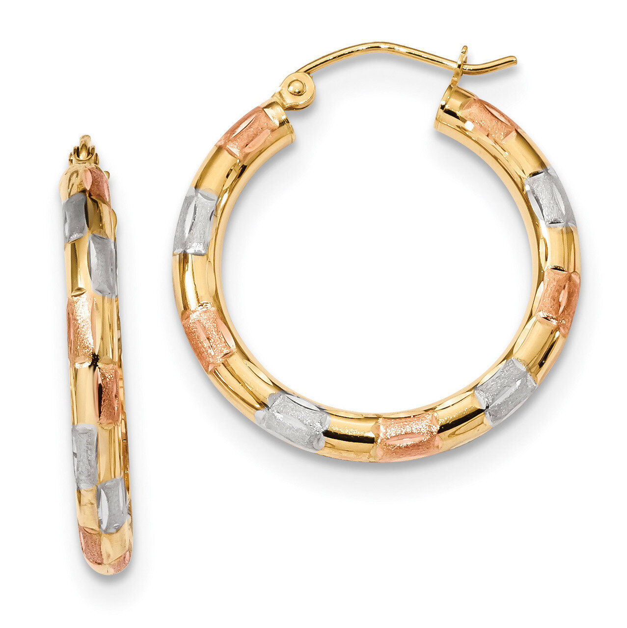 Yellow Gold with White &amp; Rose Polished Satin &amp; Diamond -cut Hoop Earrings 14k Gold &amp; Rhodium TF1019…