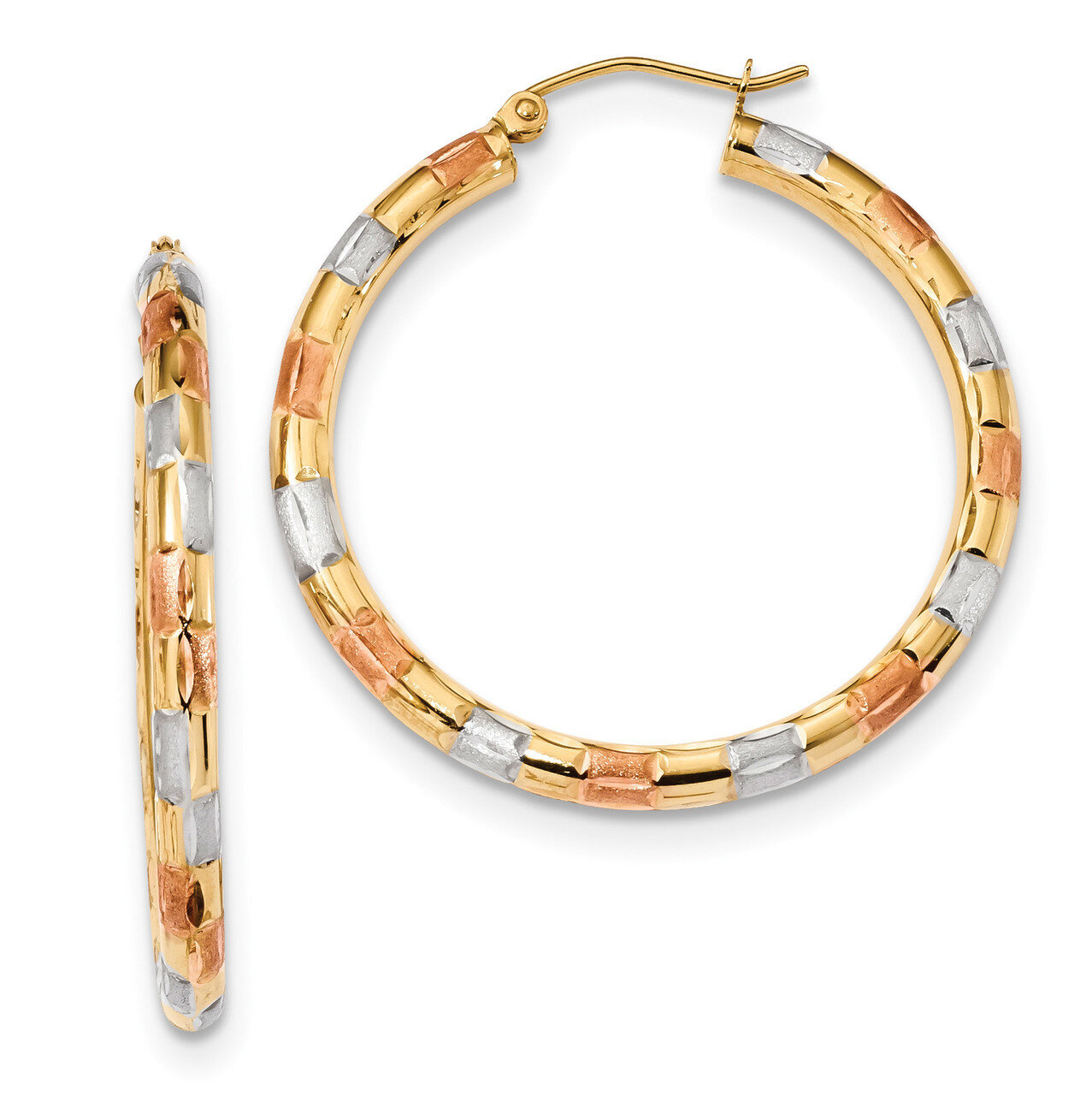 Yellow Gold with White & Rose Polished Satin & Diamond -cut Hoop Earrings 14k Gold & Rhodium TF1021