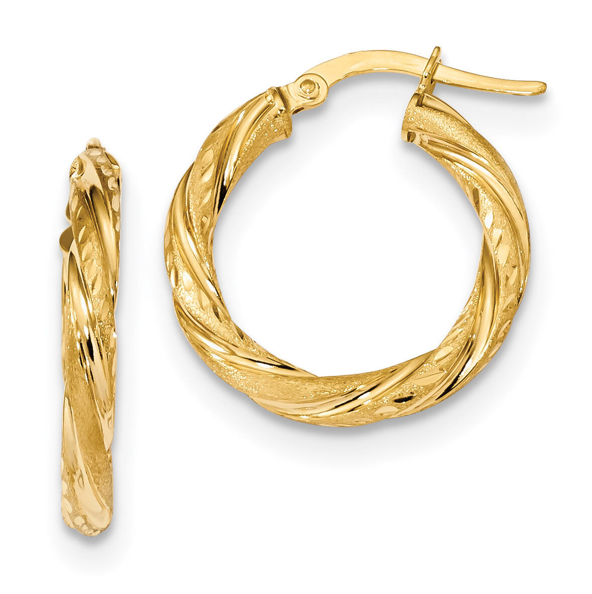 Diamond -cut Polished Brushed Hoop Earrings 14k Gold TF1050