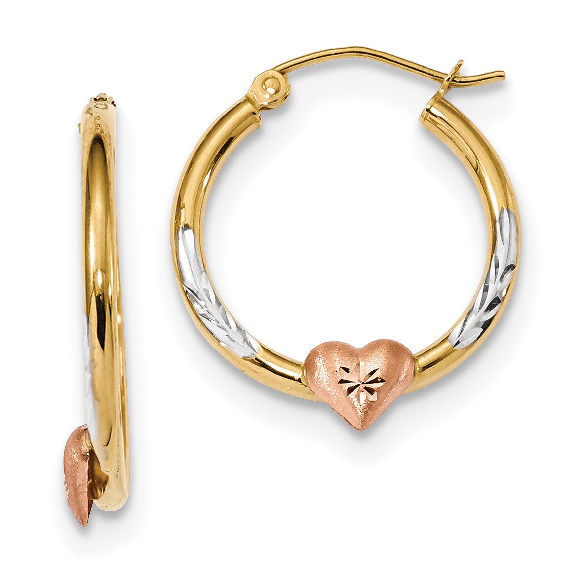 Diamond -cut Heart Hoop Earrings 14k Tri-Color Gold TF1238