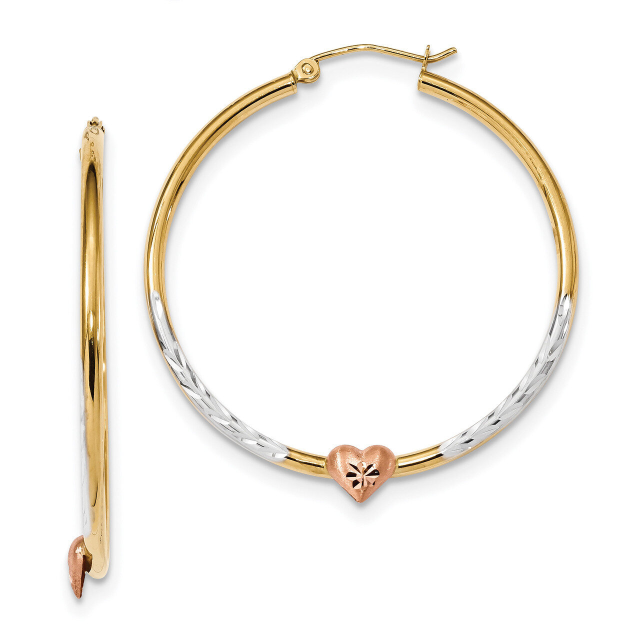 Diamond -cut Heart Hoop Earrings 14k Tri-Color Gold TF1240