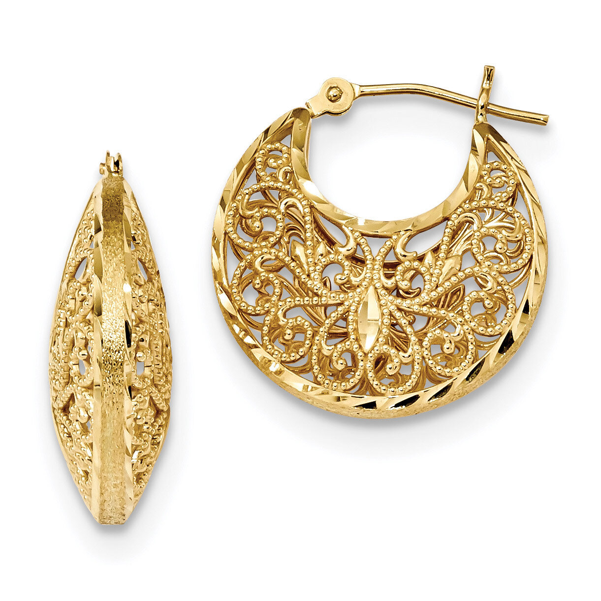 Satin Filigree Hoop Hoops Earrings 14k Gold Diamond-cut Polished TF1248, MPN: TF1248, 191101055645