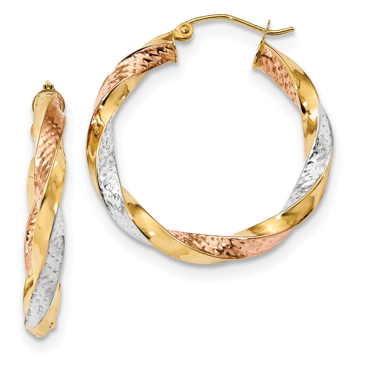 Polished & Diamond -cut Twist Hoop Earrings 14k Tri-Color Gold TF1299