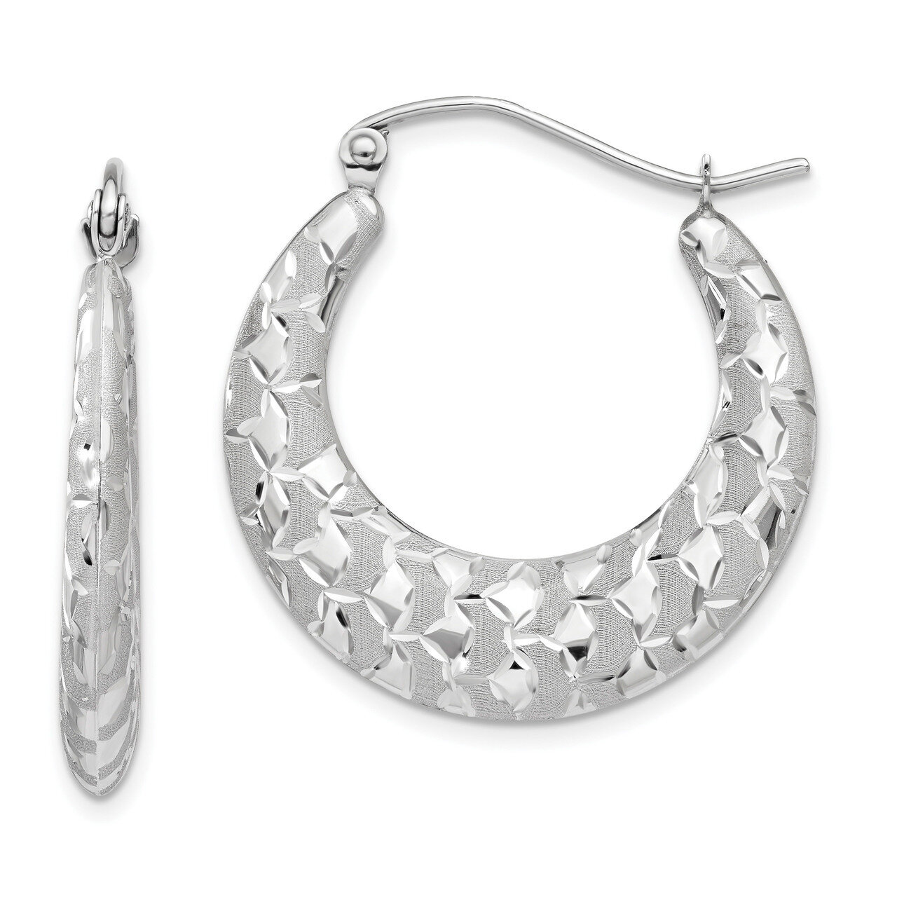 Satin and Diamond -cut Hoop Earrings 14k white Gold TF727