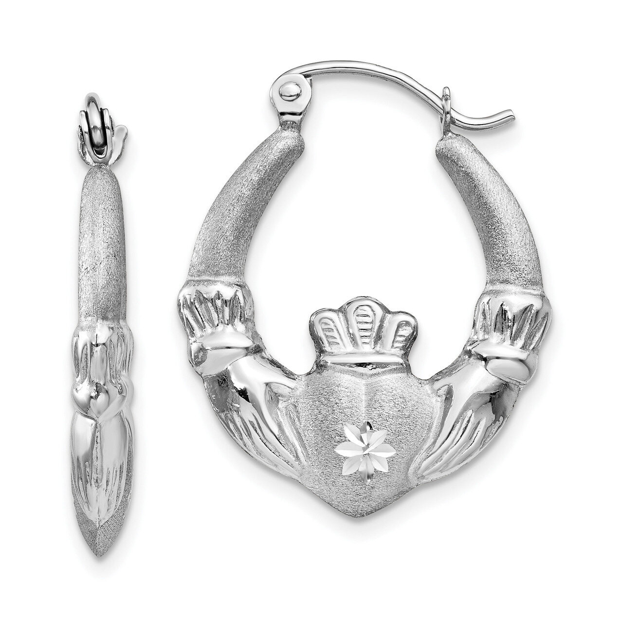 Satin and Diamond -cut Claddagh Hoop Earrings 14k white Gold TH801