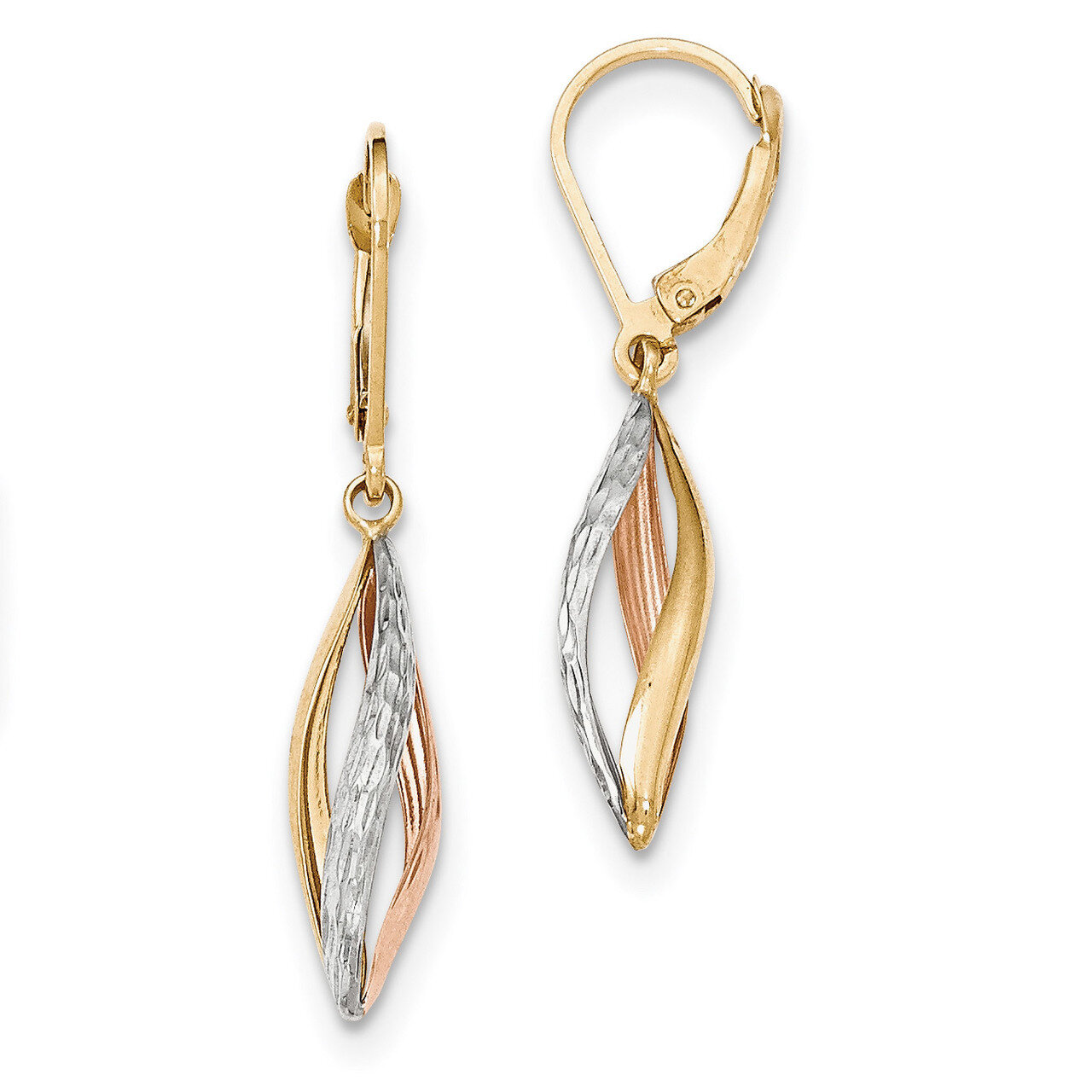 Rose Gold Diamond -cut Leverback Earrings 14k Gold & Rhodium TH927