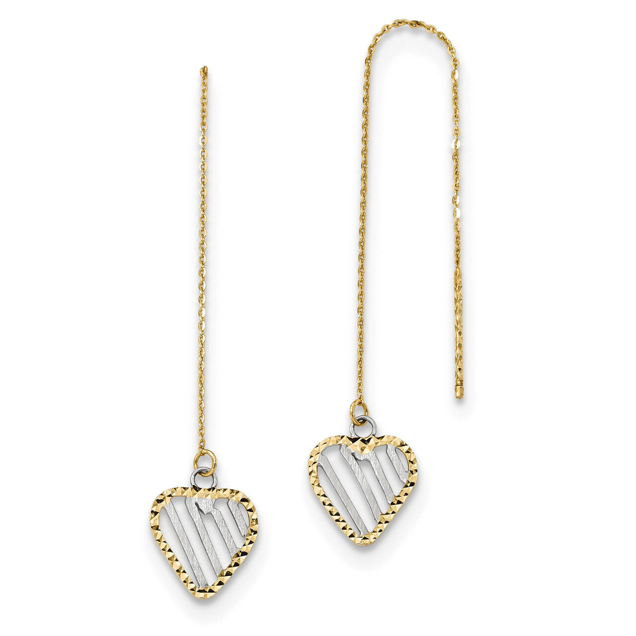 Diamond -cut Heart Threader Earrings 14k & Rhodium Polished Satin TH976