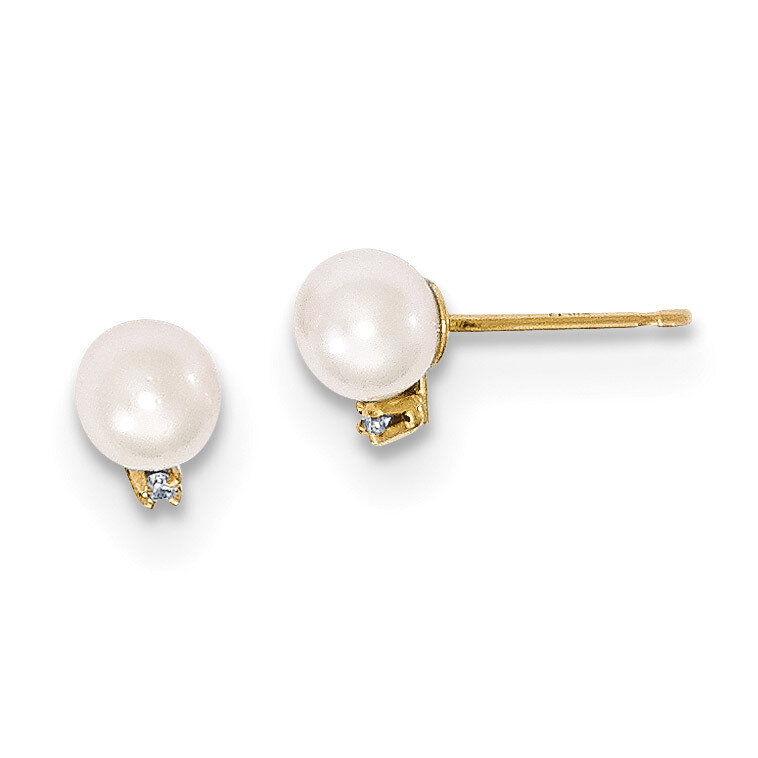 5-6mm Round White Saltwater Akoya Cultured Pearl Diamond Post Earrings 14k Gold XF472E