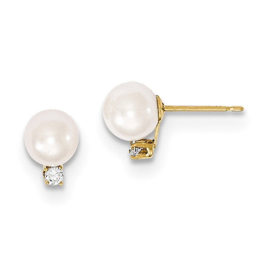 7-8mm Round White Saltwater Akoya Cultured Pearl Diamond Post Earrings 14k Gold XF475E
