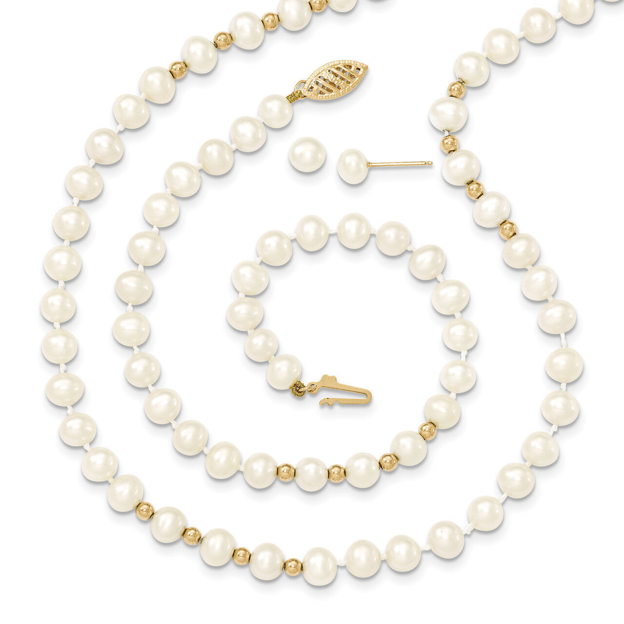 18 Inch bead 18 Fresh Water Cultured Pearl Necklace 7.25 Bracelet Earring Set 14k Gold XF500SET