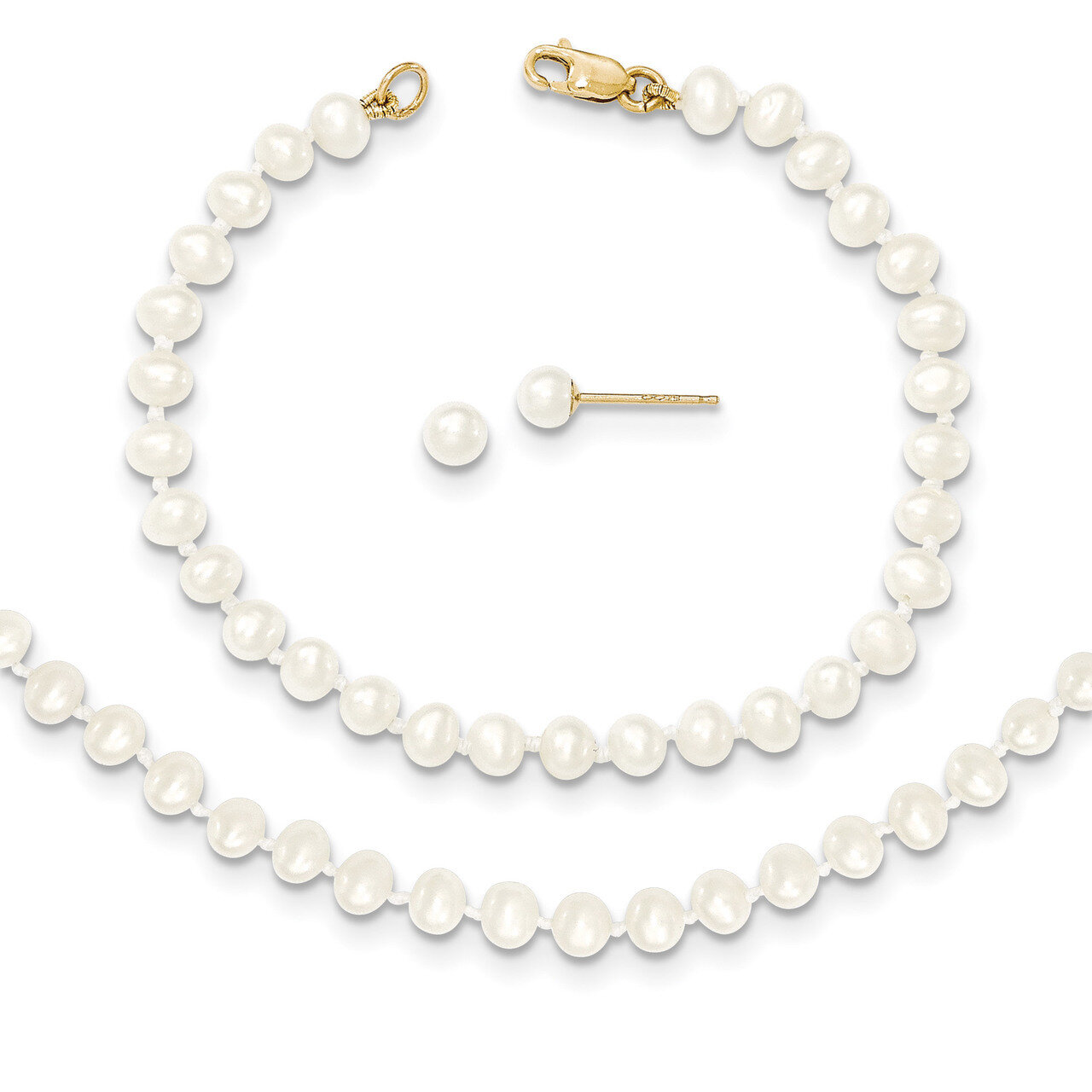5 Inch 3-4mm Fresh Water Cultured Pearl 14in Necklace 5in. Bracelet Earring Set 14k Gold XF502SET