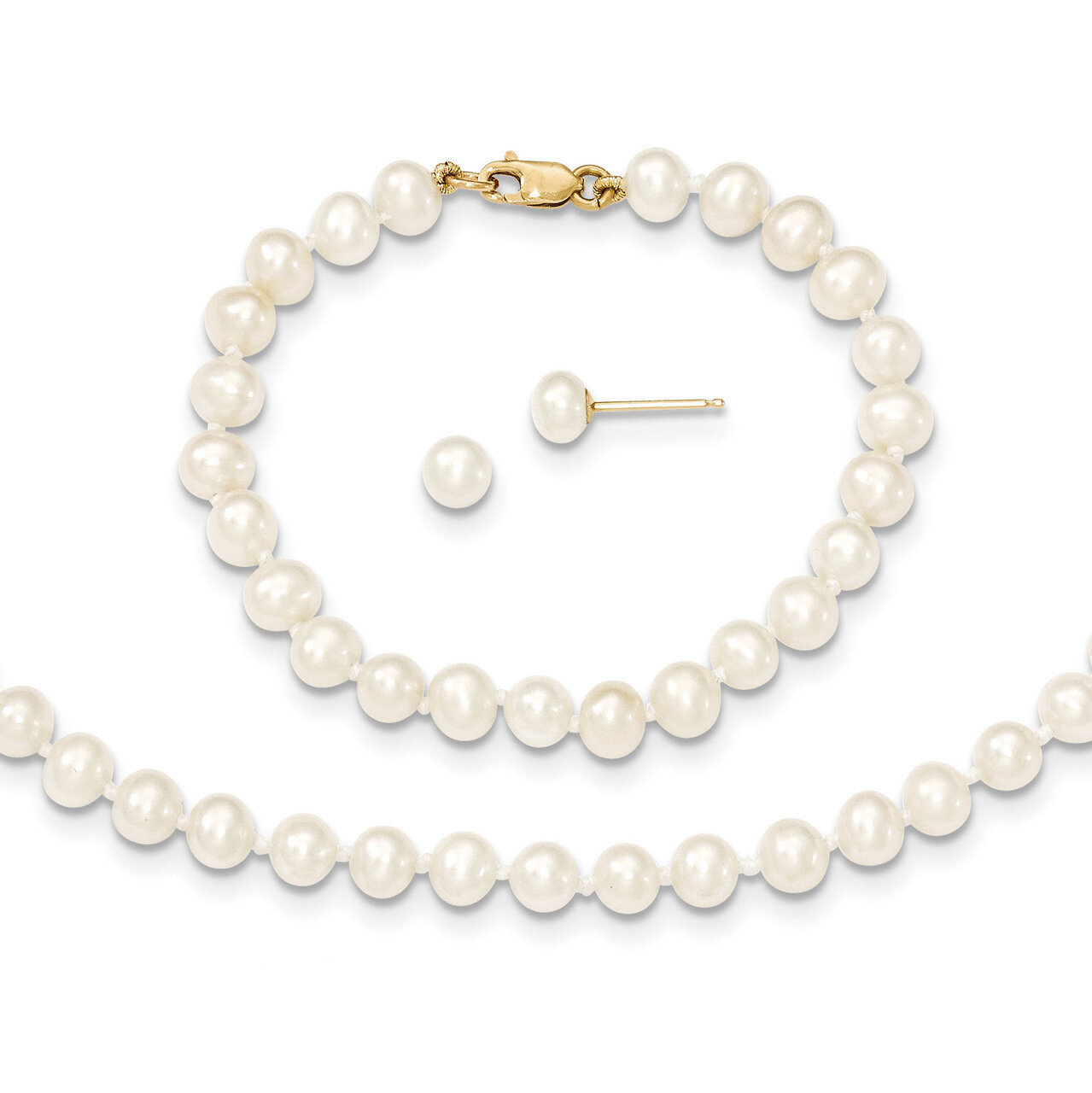 5 Inch 4-5mm Fresh Water Cultured Pearl 14in Necklace Bracelet Earring Set 14k Gold XF503SET