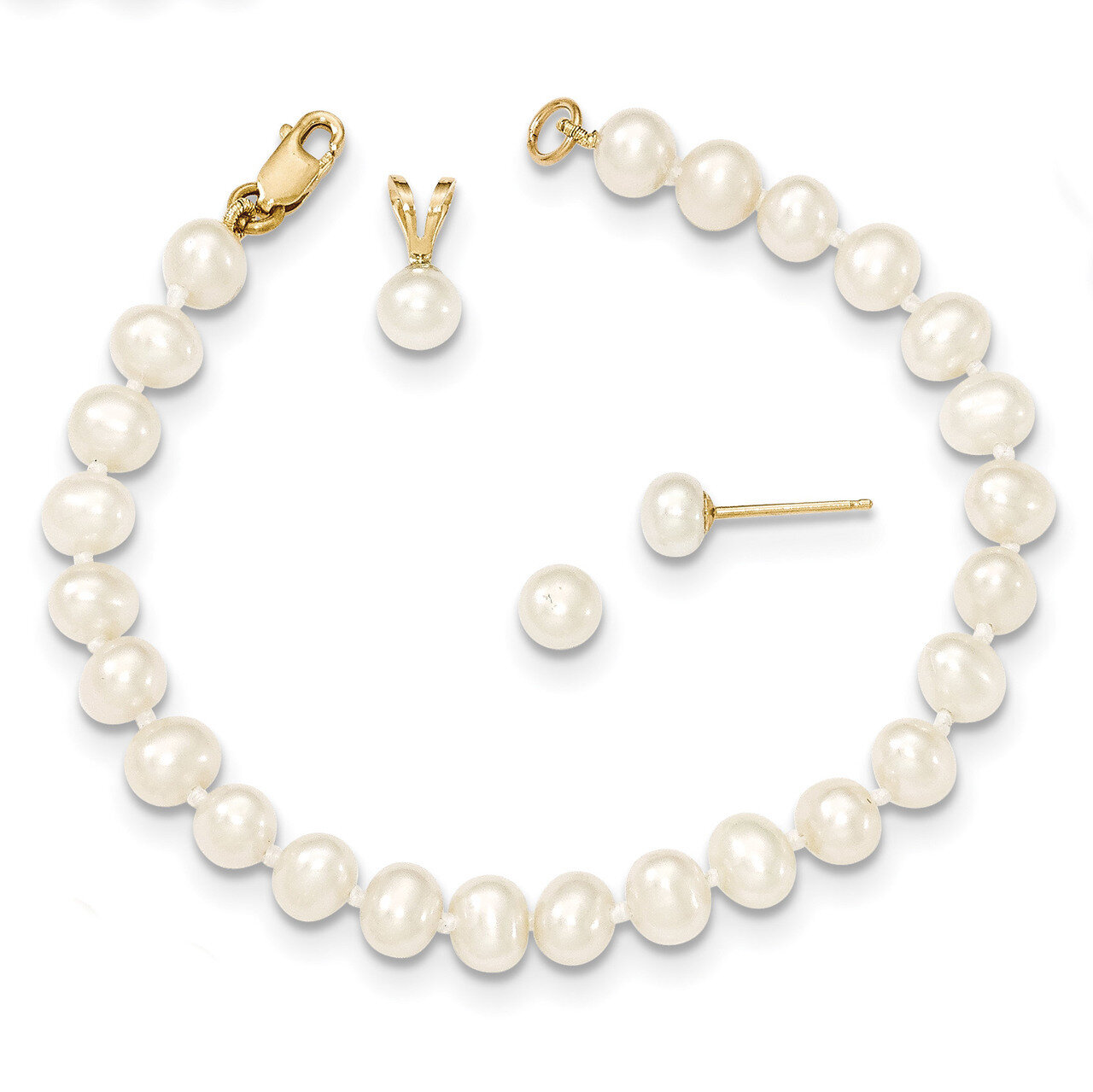 4-5mm Fresh Water Cultured Pearl Pendant 5in Bracelet Earring Set 14k Gold XF504SET