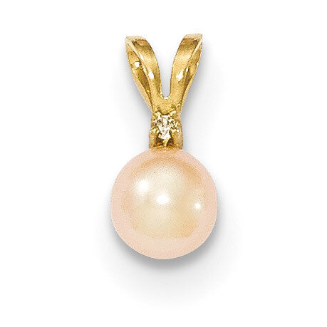 5-6mm Round Pink Fresh Water Cultured Pearl Diamond Pendant 14k Gold XF513