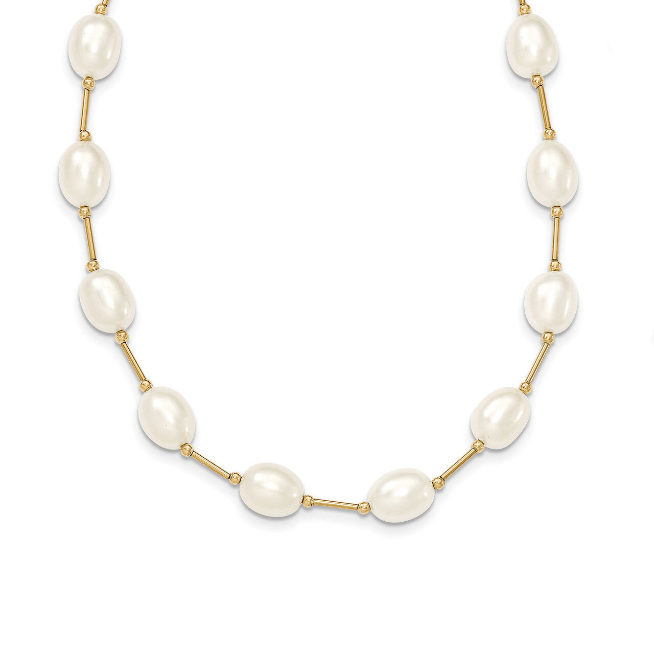 18 Inch Bead and 7-8mm White Fresh Water Cultured Pearl Necklace 14k Gold XF558-18