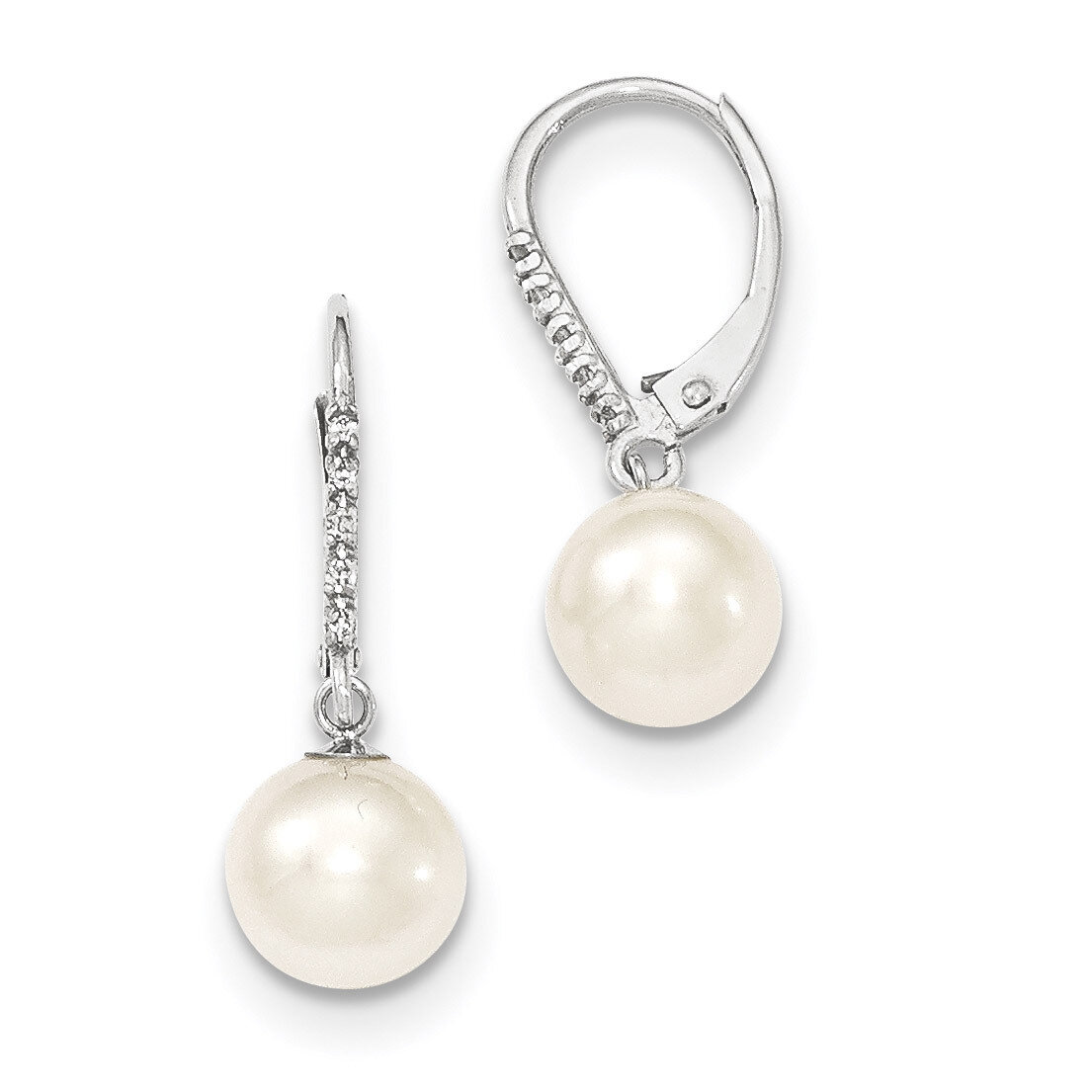 Diamond 8-9mm White Fresh Water Cultured Rd Pearl Leverback Earrings 14k white Gold XF571, MPN: XF5…