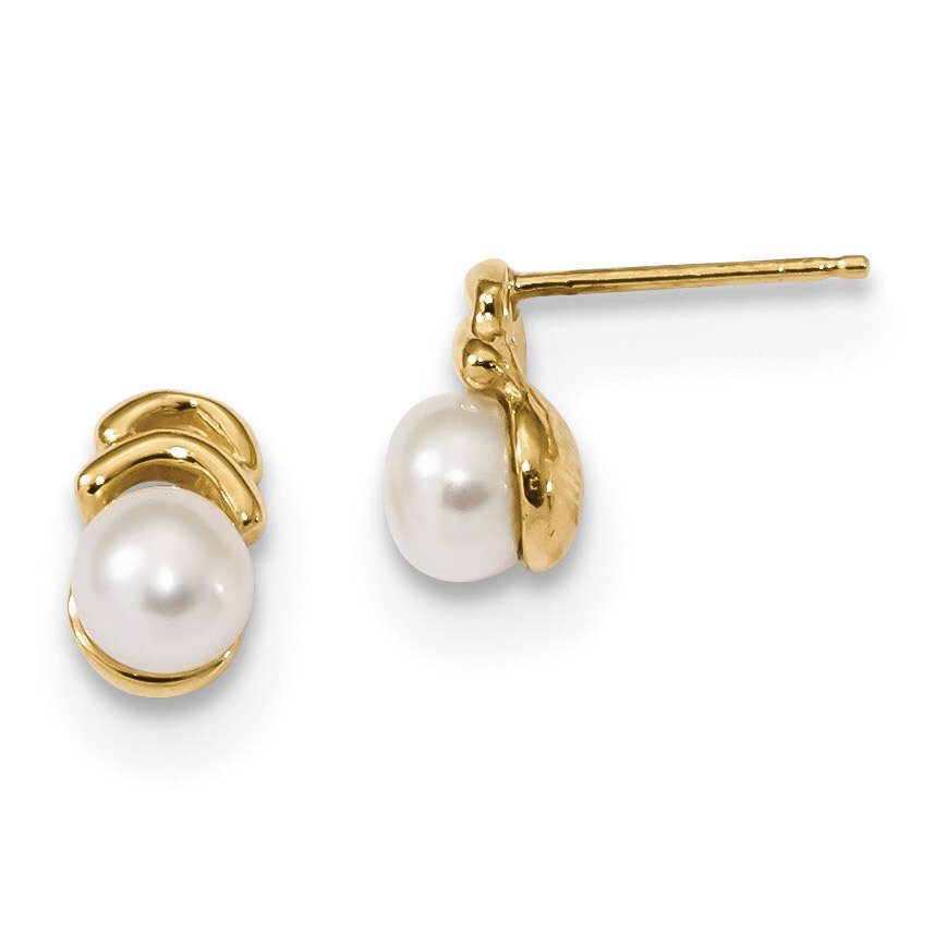 4-5mm White Button Freshwater Cultured Pearl Post Dangle Earrings 14k Gold XF611E