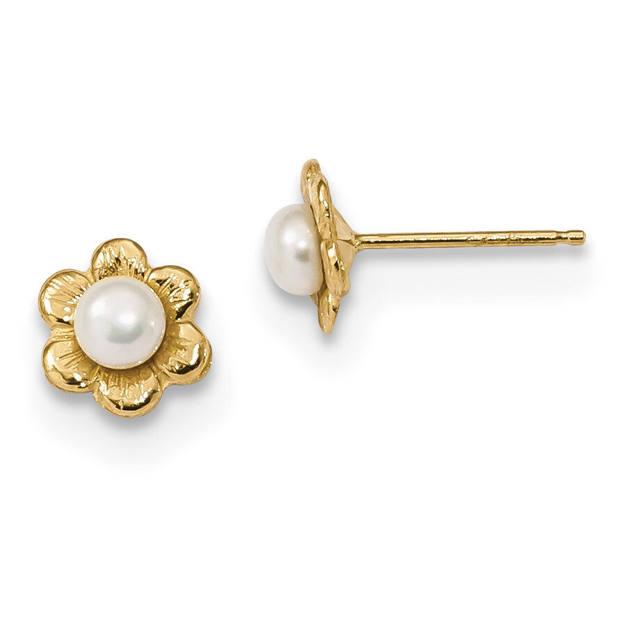 3-4mm White Button Freshwater Cultured Pearl Post Earrings 14k Gold XF617E