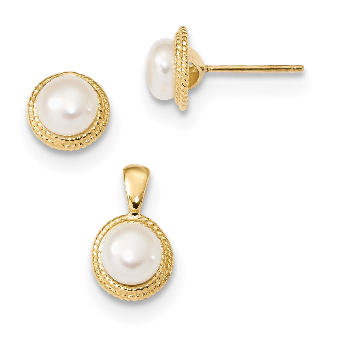 5-6mm White Button Fresh WaterC Pearl Earring and Pendant Set 14k Gold XF629SET