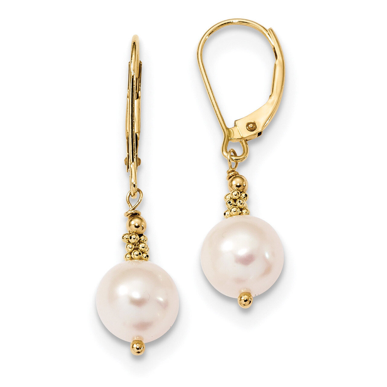 8-9mm Near Round White Fresh WaterC Pearl Leverback Earrings 14k Gold XF654E, MPN: XF654E, 19110143…