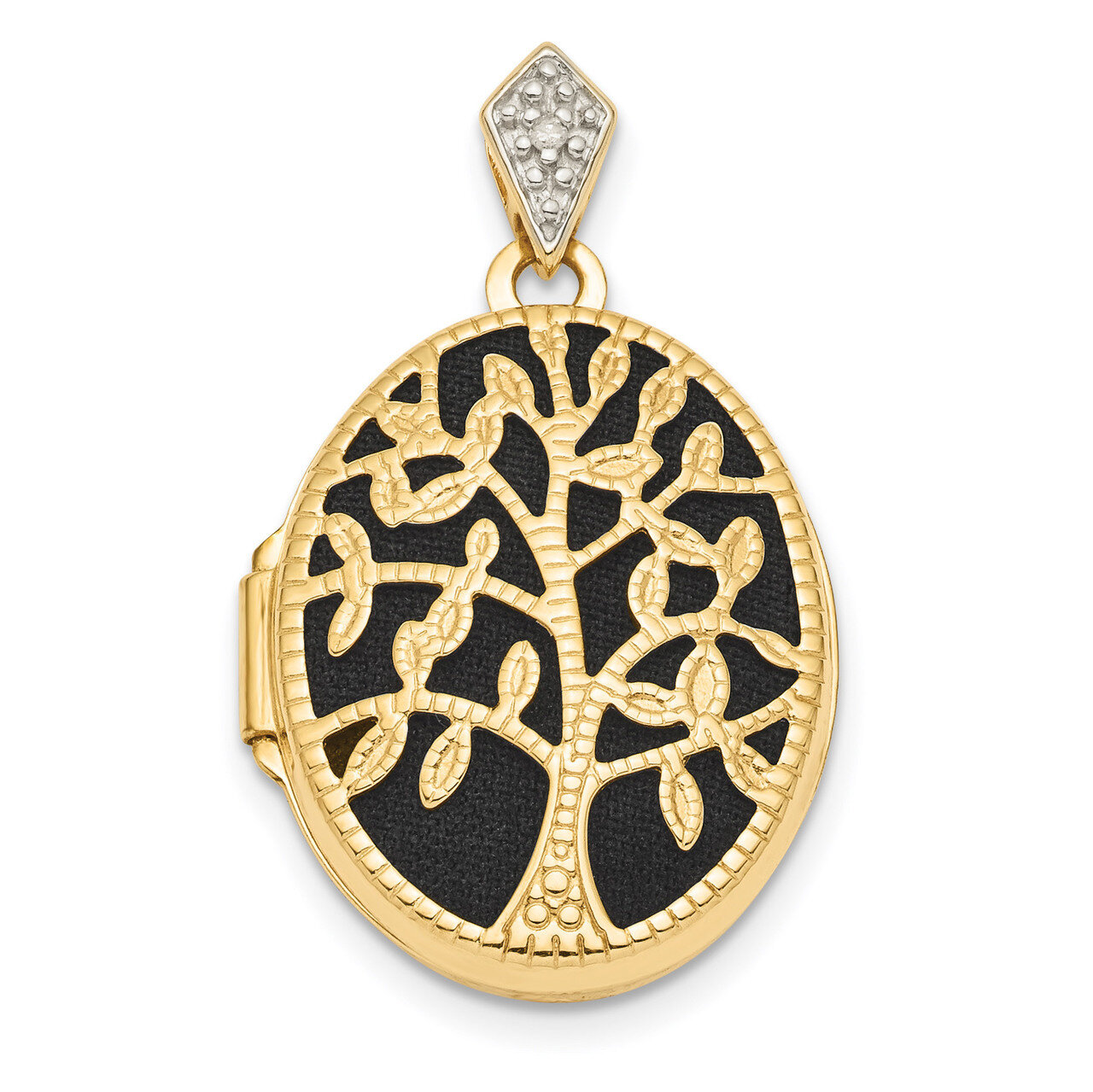 Textured Diamond Black Fabric Oval Tree Locket 14k Gold Polished XL721