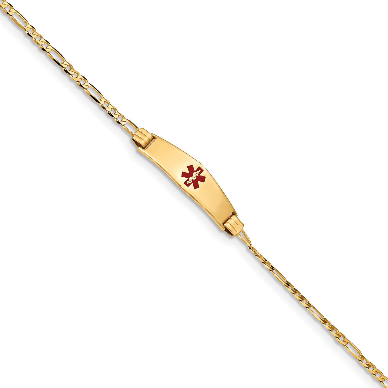 8 Inch Medical Soft Diamond Shape Red Enamel Figaro ID Bracelet 14k Gold XM550CC-8