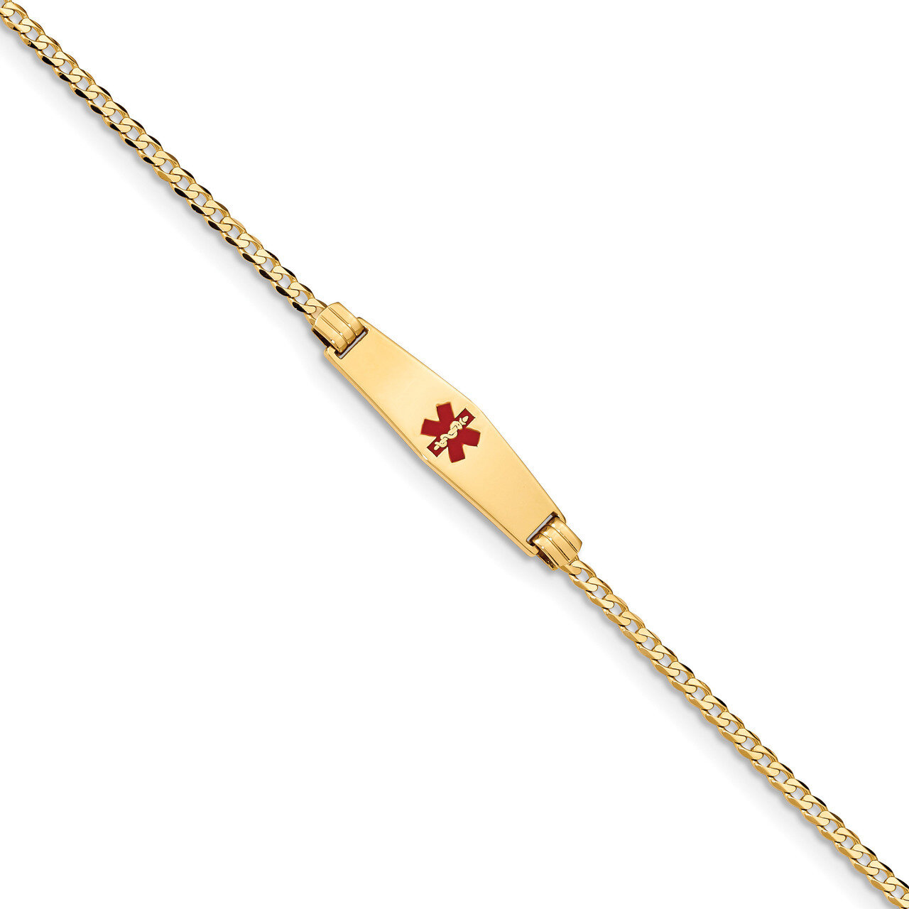 7 Inch Medical Soft Diamond Shape Red Enamel Curb Link ID Bracelet 14k Gold XM551CC-7
