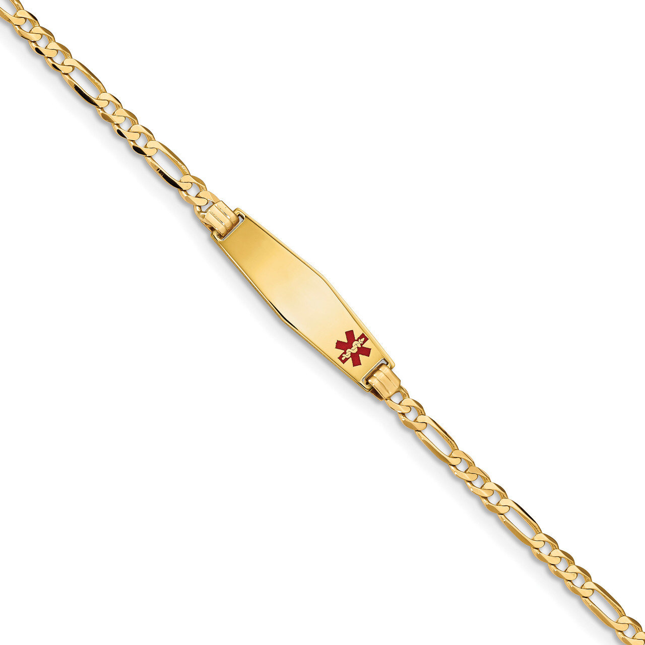 8 Inch Medical Soft Diamond Shape Red Enamel Figaro ID Bracelet 14k Gold XM553FC-8