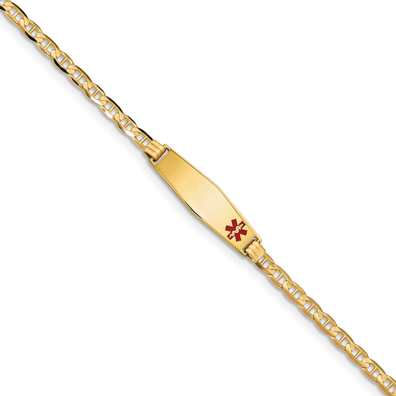 7 Inch Medical Soft Diamond Shape Red Enamel Anchor Link ID Bracelet 14k Gold XM555FC-7