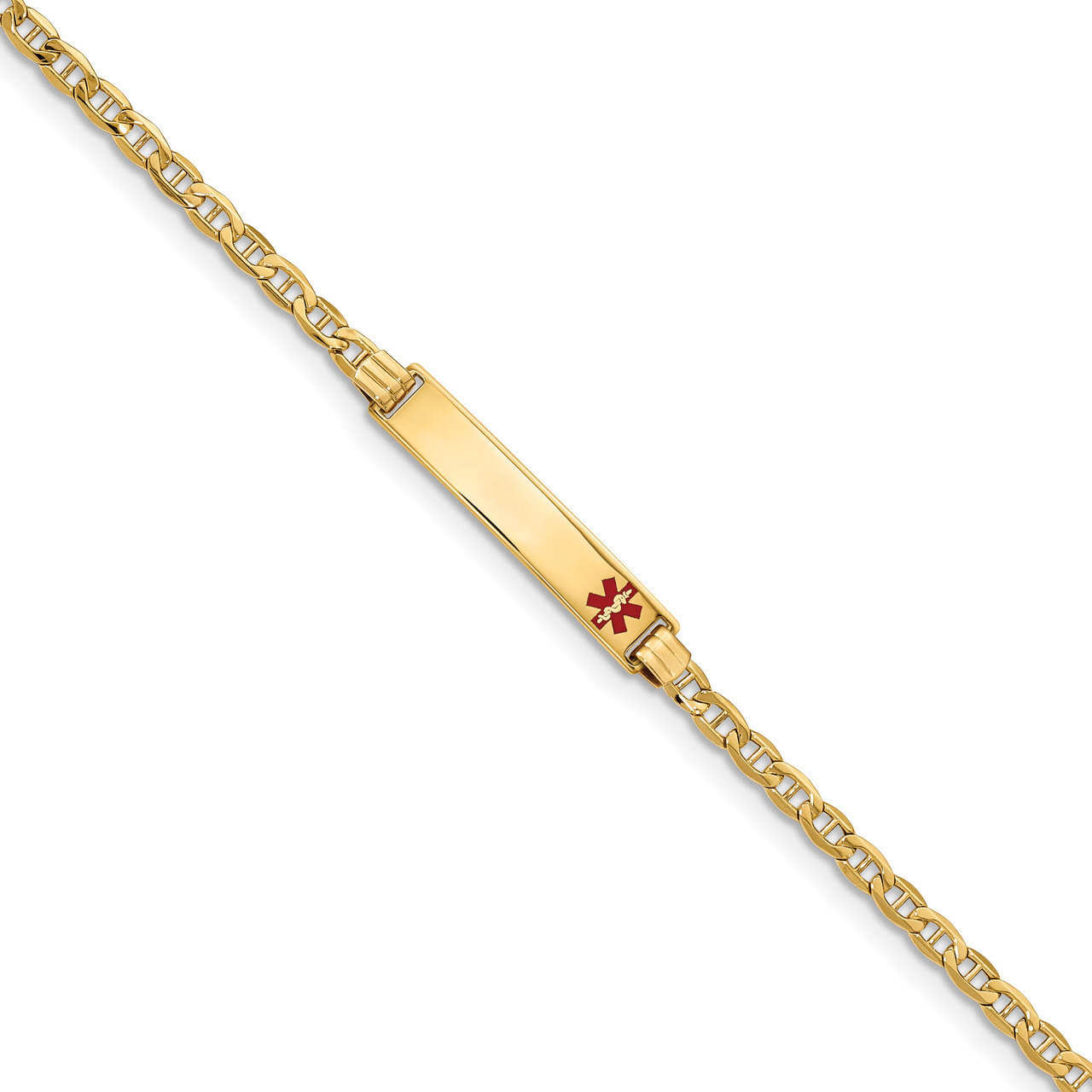8 Inch Medical Polished Red Enamel ID with Semi-Solid Anchor Bracelet 14k Gold XM558FR-8, MPN: XM55…