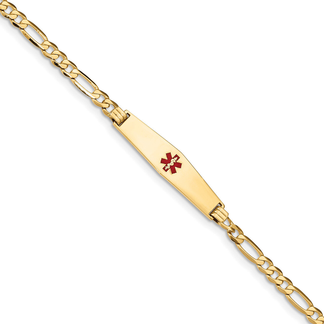 7 Inch Medical Soft Diamond Shape Red Enamel Flat Figaro Link ID Bracelet 14k Gold XM560CC-7