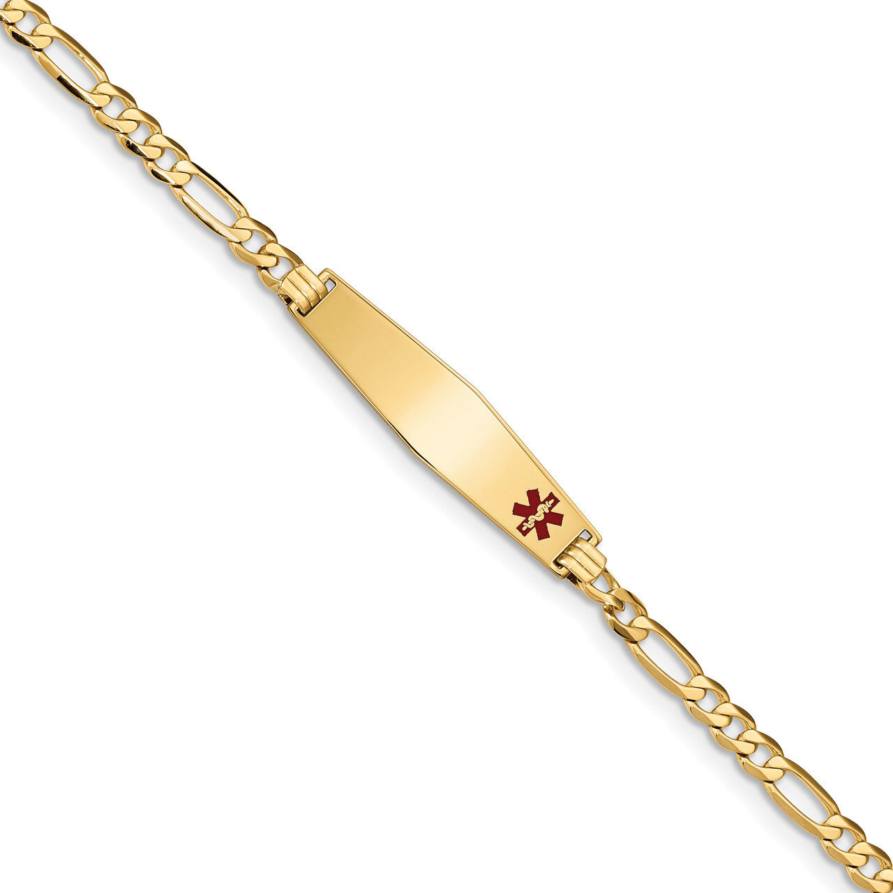 8 Inch Medical Soft Diamond Shape Red Enamel Flat Figaro Link ID Bracelet 14k Gold XM560FC-8
