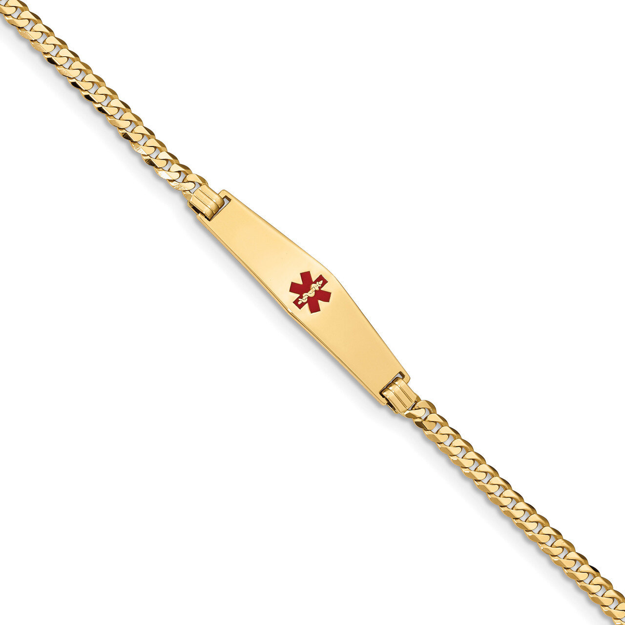 7 Inch Medical Soft Diamond Shape Red Enamel Flat Curb Link ID Bracelet 14k Gold XM561CC-7