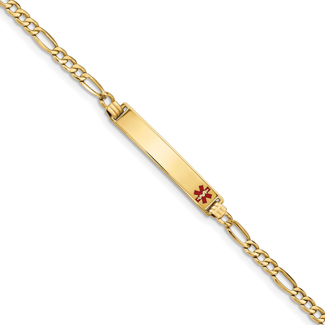 7 Inch Medical Polished Red Enamel ID with Semi-Solid Figaro Bracelet 14k Gold XM571FR-7, MPN: XM57…
