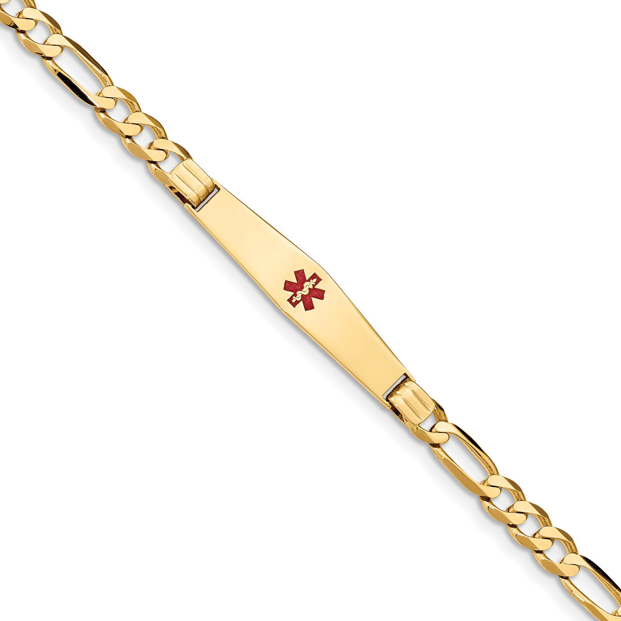 7 Inch Medical Soft Diamond Shape Red Enamel Figaro ID Bracelet 14k Gold XM573CC-7
