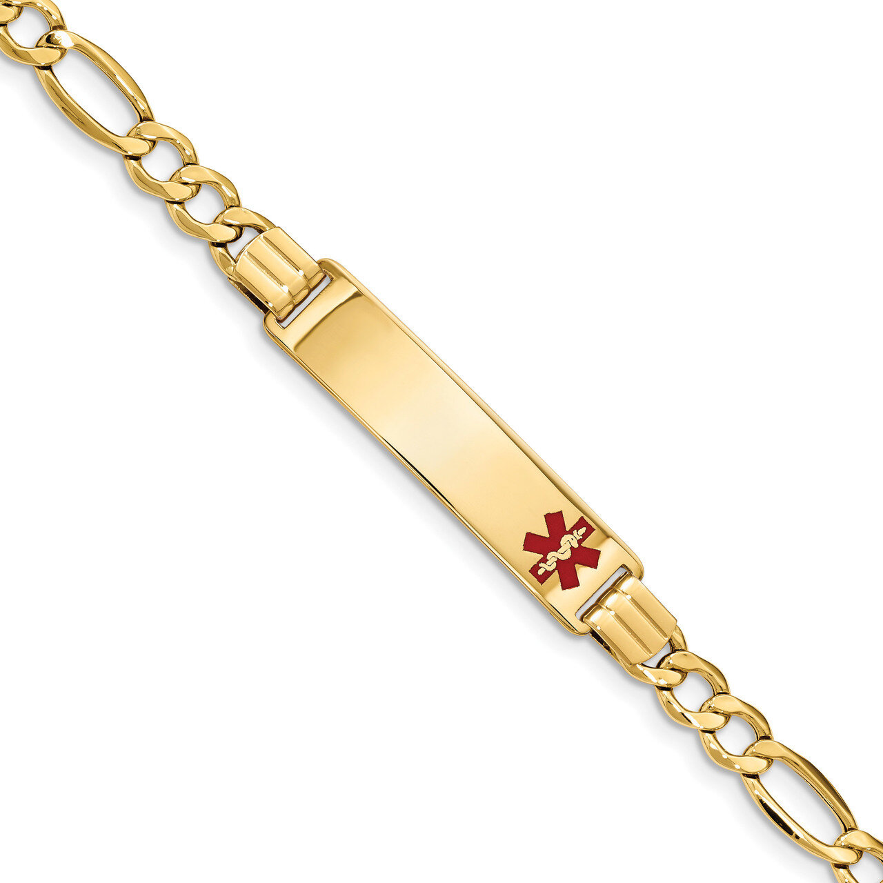 8 Inch Medical Polished Red Enamel ID with Semi-Solid Figaro Bracelet 14k Gold XM577FR-8