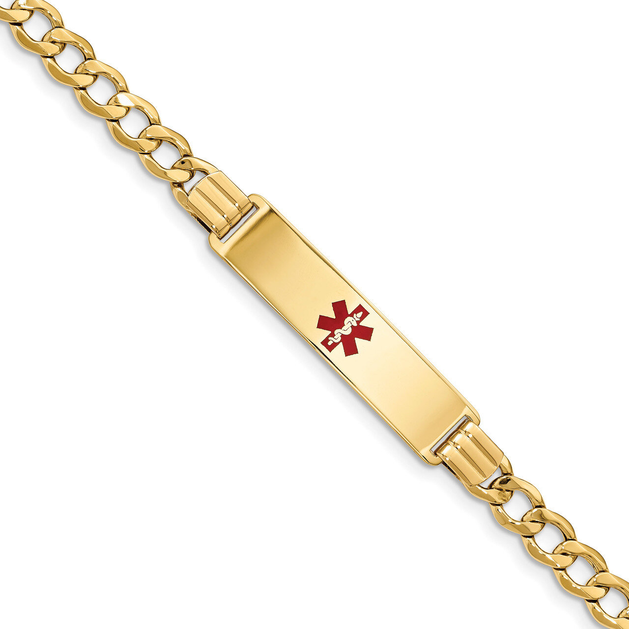 7 Inch Medical Red Enamel Semi-solid Curb Link ID Bracelet 14k Gold XM579CR-7