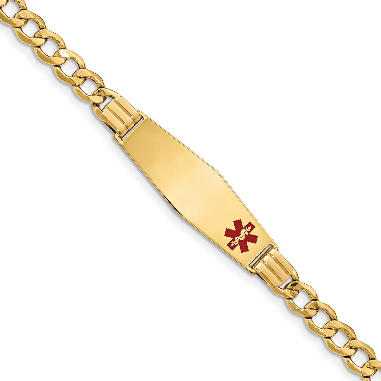7 Inch Medical Soft Diamond Shape Red Enamel Semi-solid Curb Link ID Bracelet 14k Gold XM579FC-7