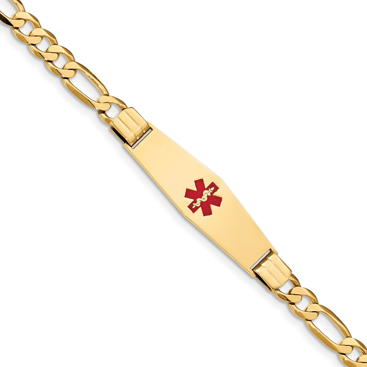 7 Inch Medical Soft Diamond Shape Red Enamel Flat Figaro Link ID Bracelet 14k Gold XM580CC-7